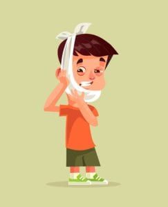 Cartoon of sad boy with a sore tooth and a ice pack wrapped around his face