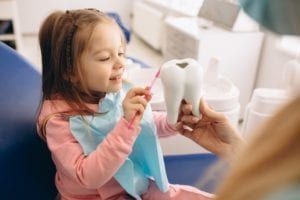 little girl brushing giant tooth model